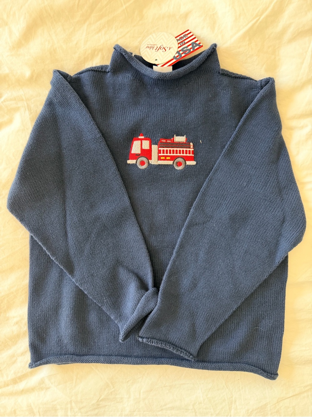 Blue Boys' Sweater with Fire Truck Embroidery